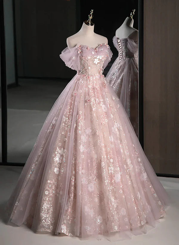 Robe de bal trapèze rose à épaules dénudées en dentelle et tulle